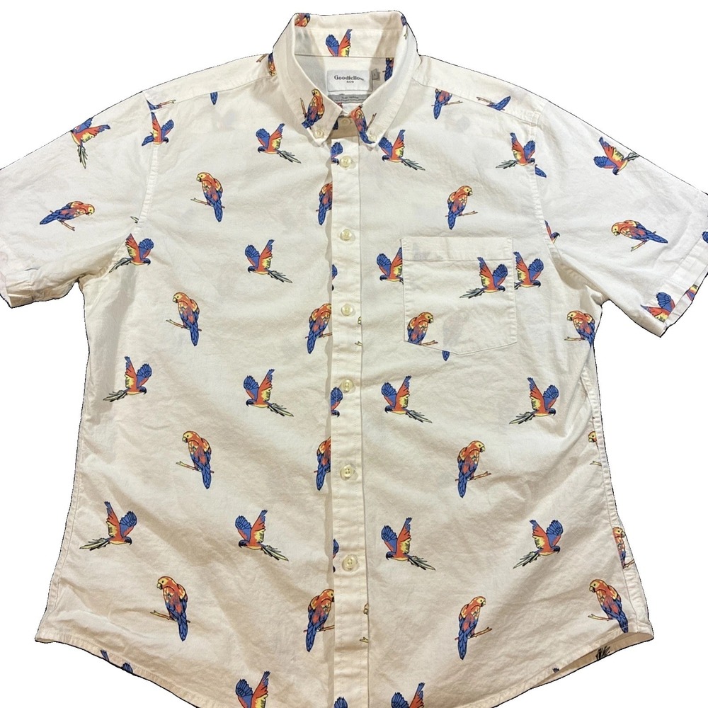 Goodfellow Slim Fit Button Down Hawaiian Parrot Casual Hawaiian Shirt- Men's LG